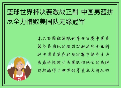 篮球世界杯决赛激战正酣 中国男篮拼尽全力惜败美国队无缘冠军